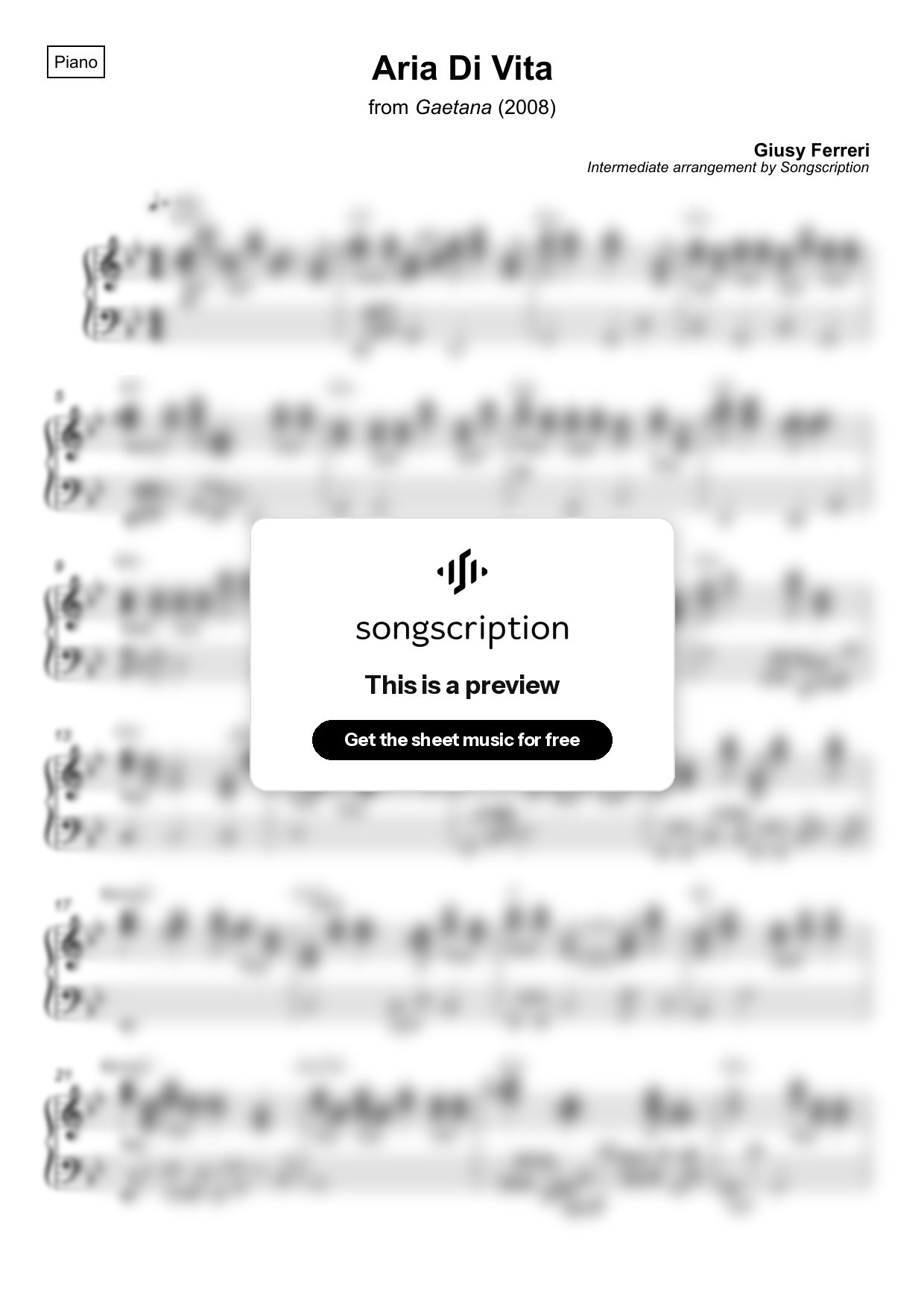 Intermediate Piano Sheet Music for "Aria Di Vita" by Giusy Ferreri