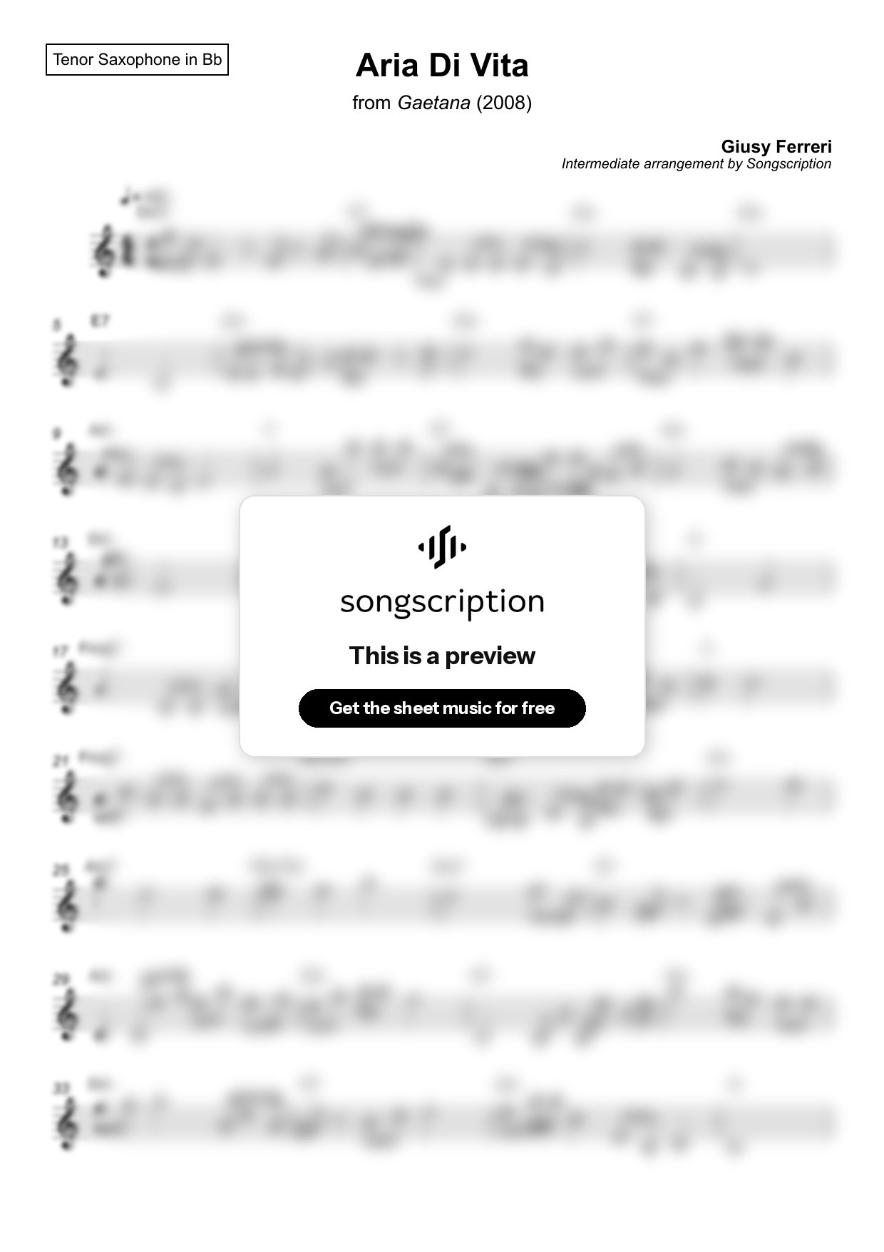 Intermediate Tenor Sax Sheet Music for "Aria Di Vita" by Giusy Ferreri