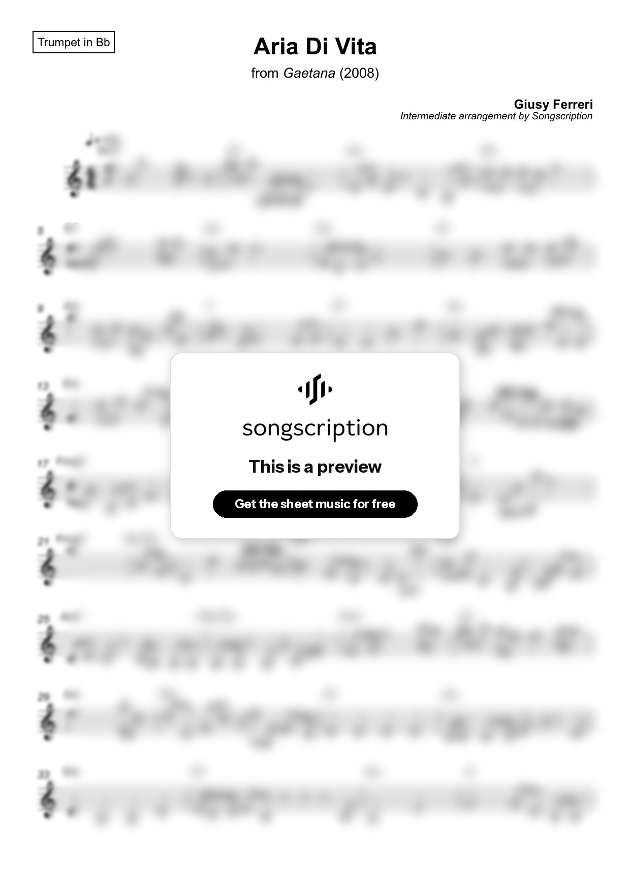Intermediate Trumpet Sheet Music for "Aria Di Vita" by Giusy Ferreri