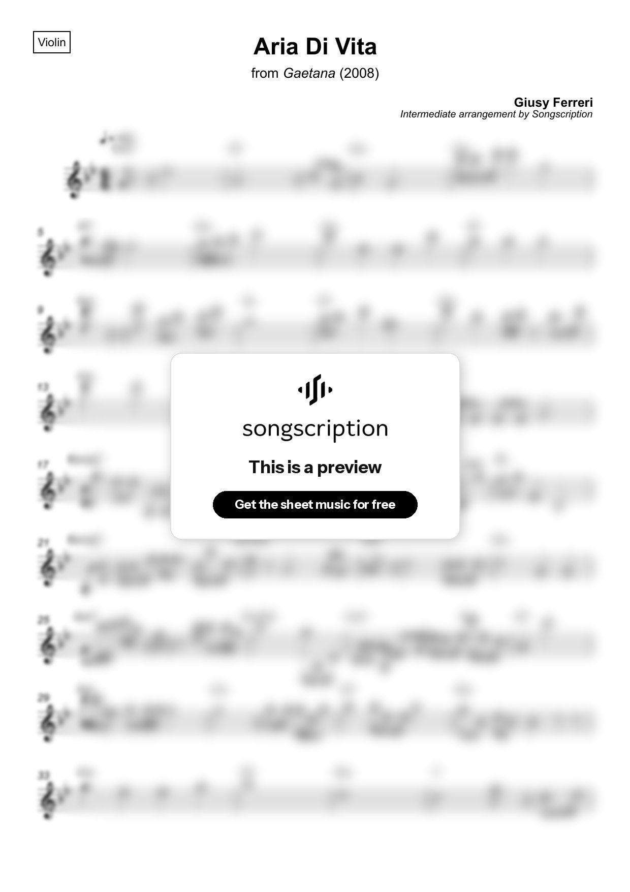 Intermediate Violin Sheet Music for "Aria Di Vita" by Giusy Ferreri