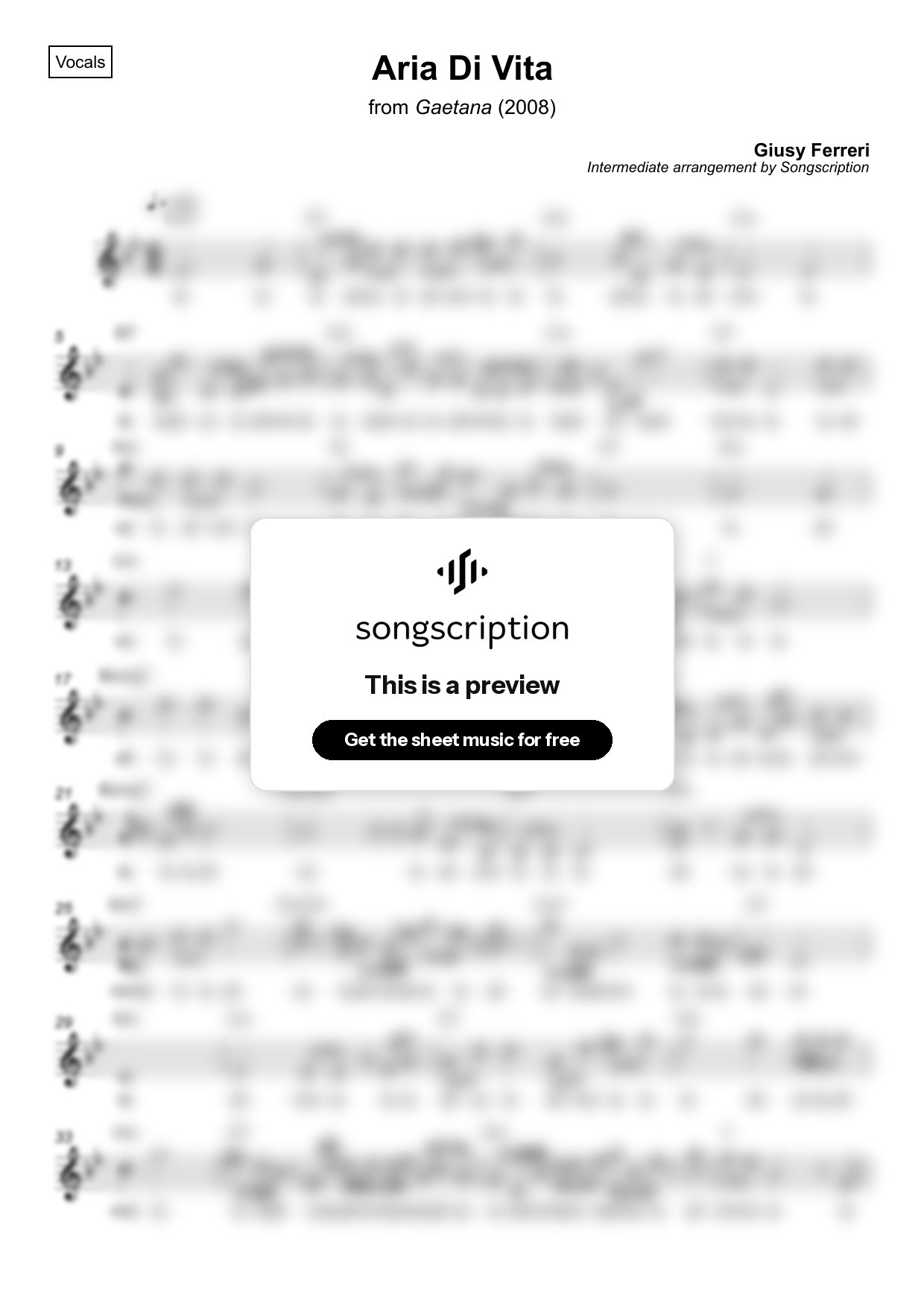Intermediate Vocals Sheet Music for "Aria Di Vita" by Giusy Ferreri