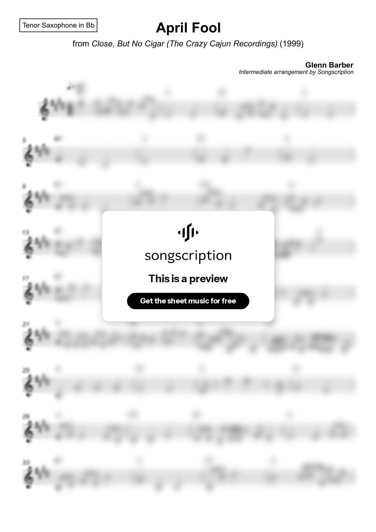 Intermediate Tenor Sax Sheet Music for "April Fool" by Glenn Barber