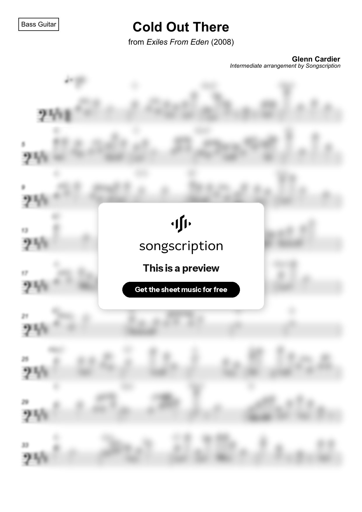 Intermediate Bass Guitar Sheet Music for "Cold Out There" by Glenn Cardier