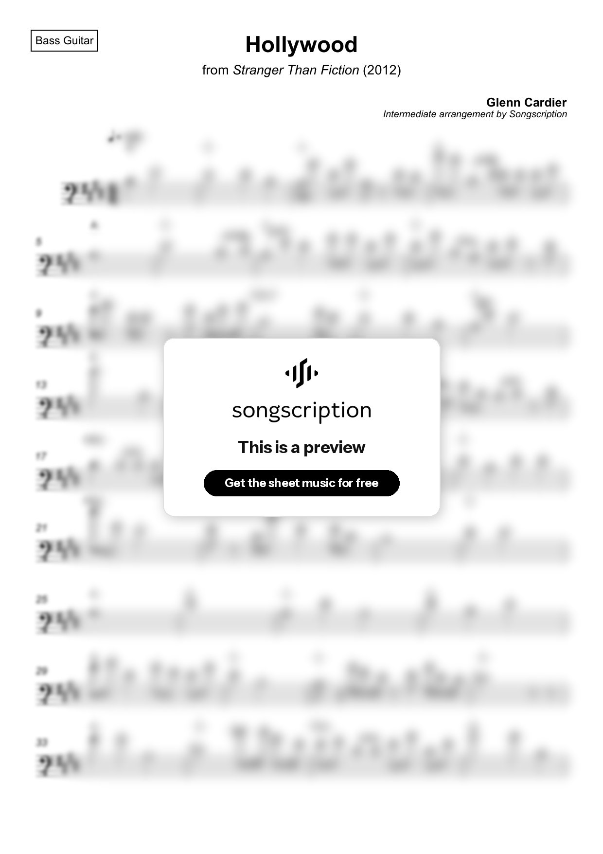 Intermediate Bass Guitar Sheet Music for "Hollywood" by Glenn Cardier