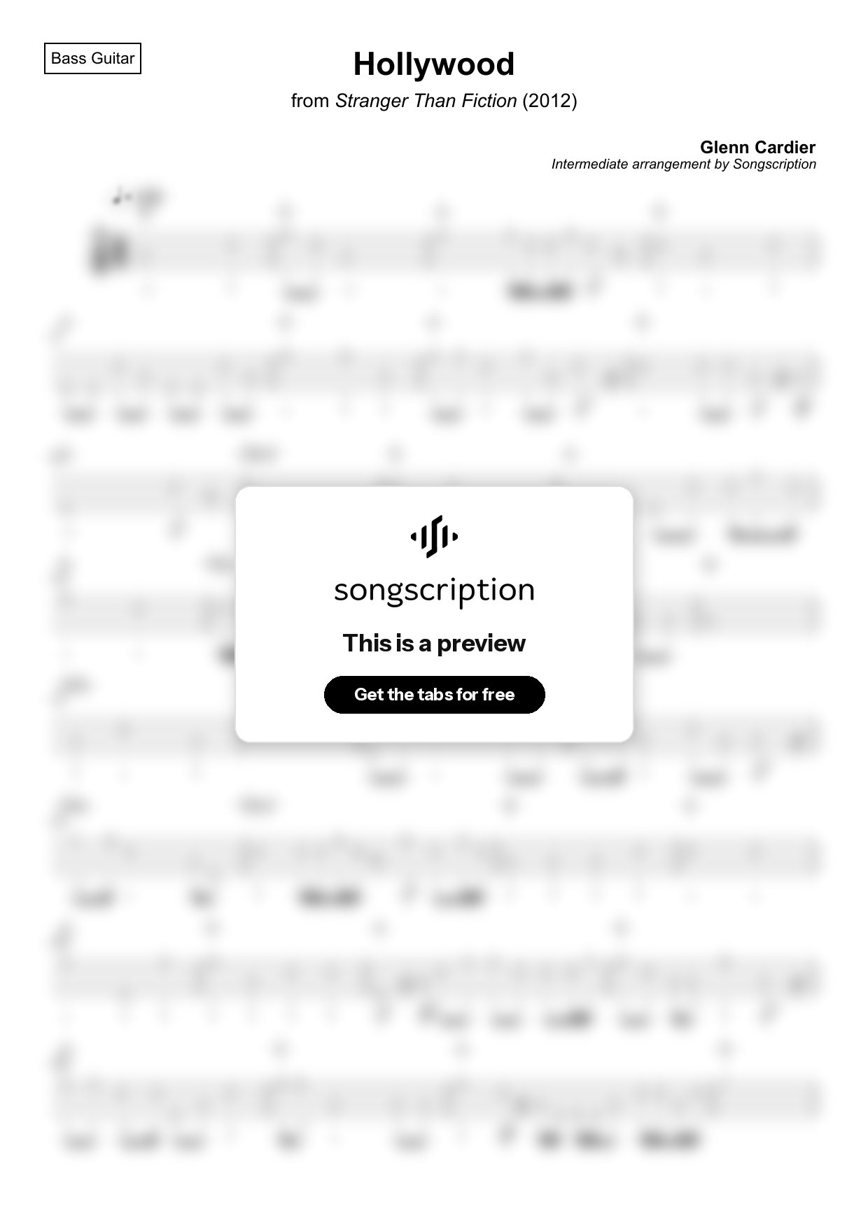 Intermediate Bass Guitar Tabs for "Hollywood" by Glenn Cardier