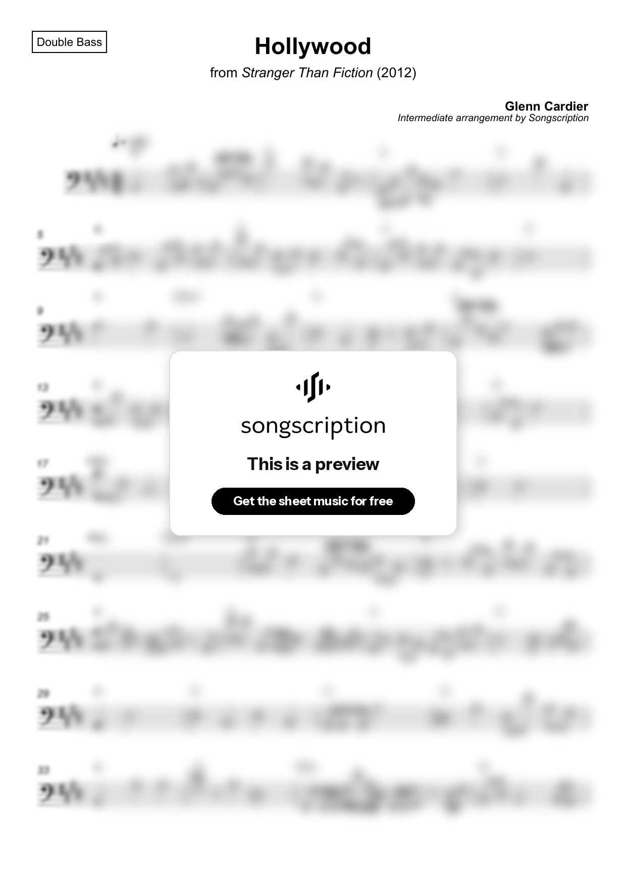 Intermediate Double Bass Sheet Music for "Hollywood" by Glenn Cardier