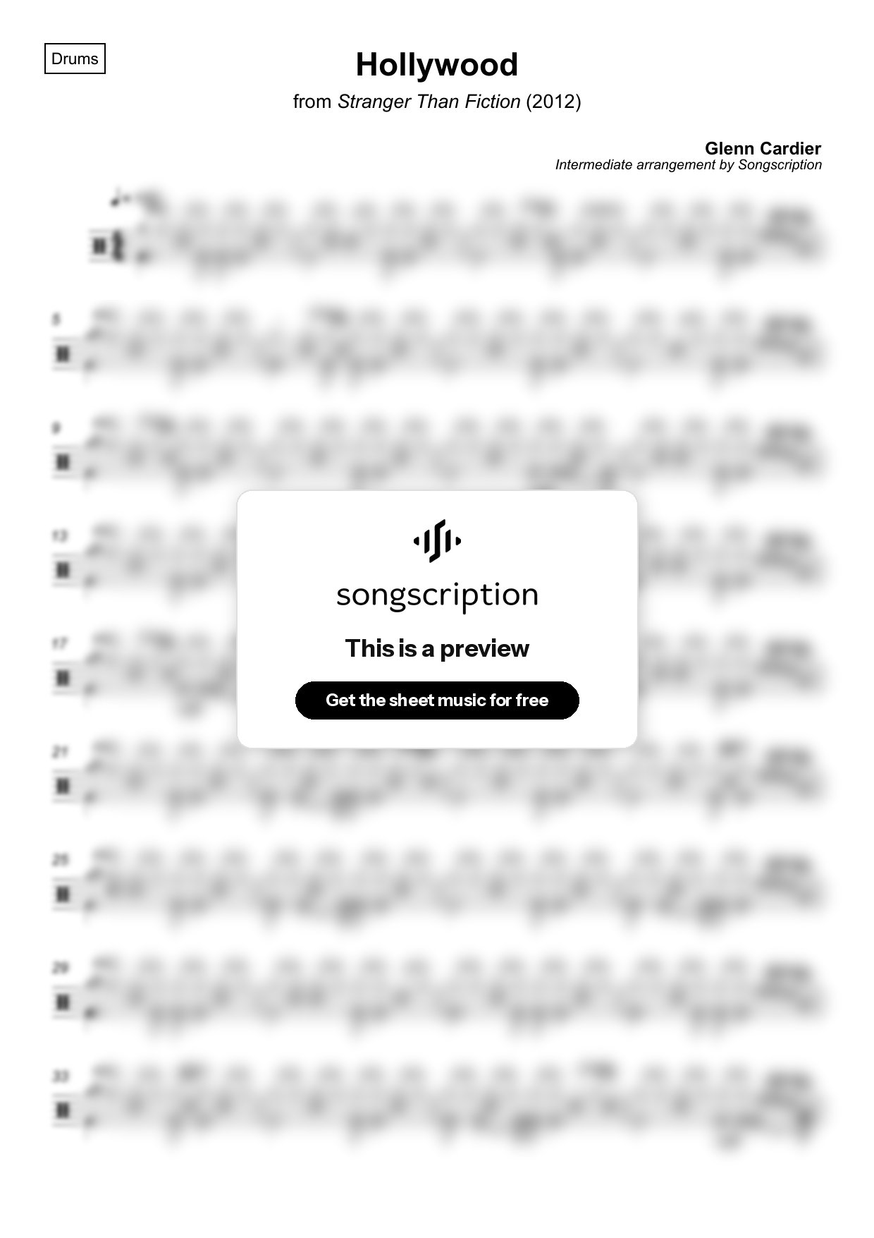 Intermediate Drums Sheet Music for "Hollywood" by Glenn Cardier