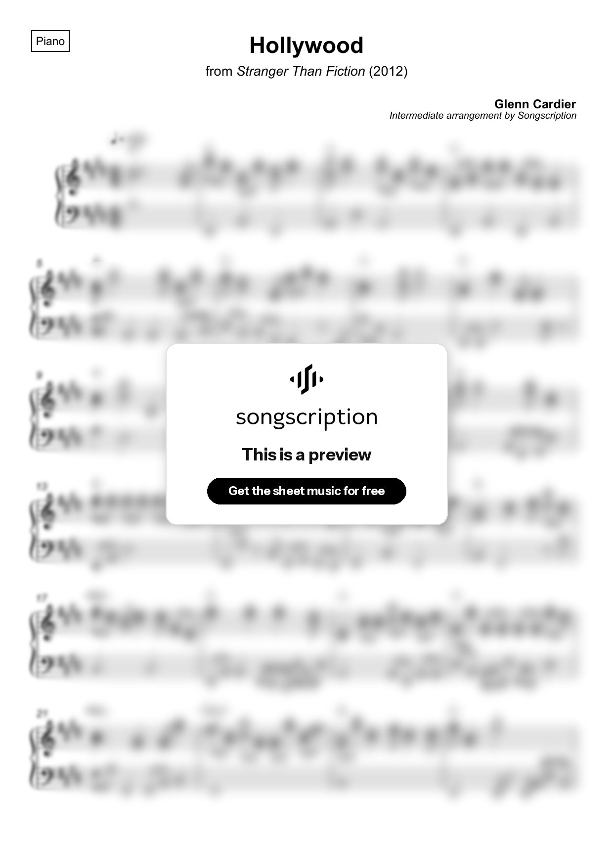 Intermediate Piano Sheet Music for "Hollywood" by Glenn Cardier