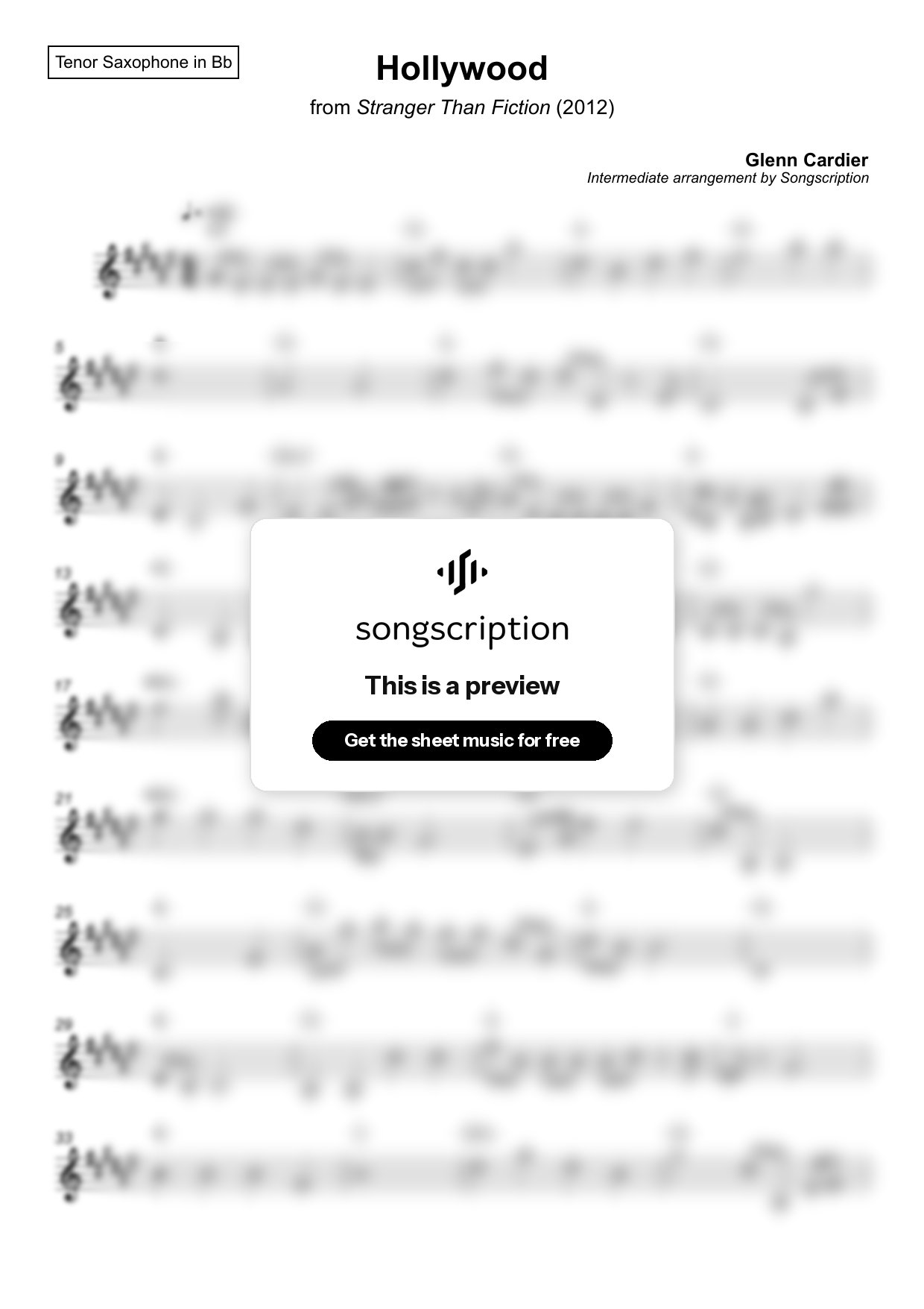 Intermediate Tenor Sax Sheet Music for "Hollywood" by Glenn Cardier