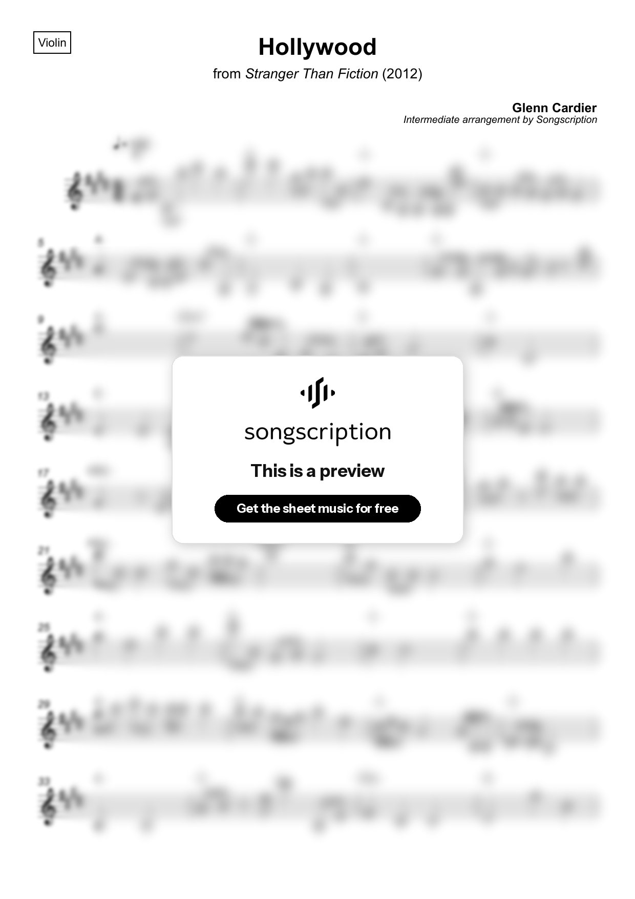 Intermediate Violin Sheet Music for "Hollywood" by Glenn Cardier