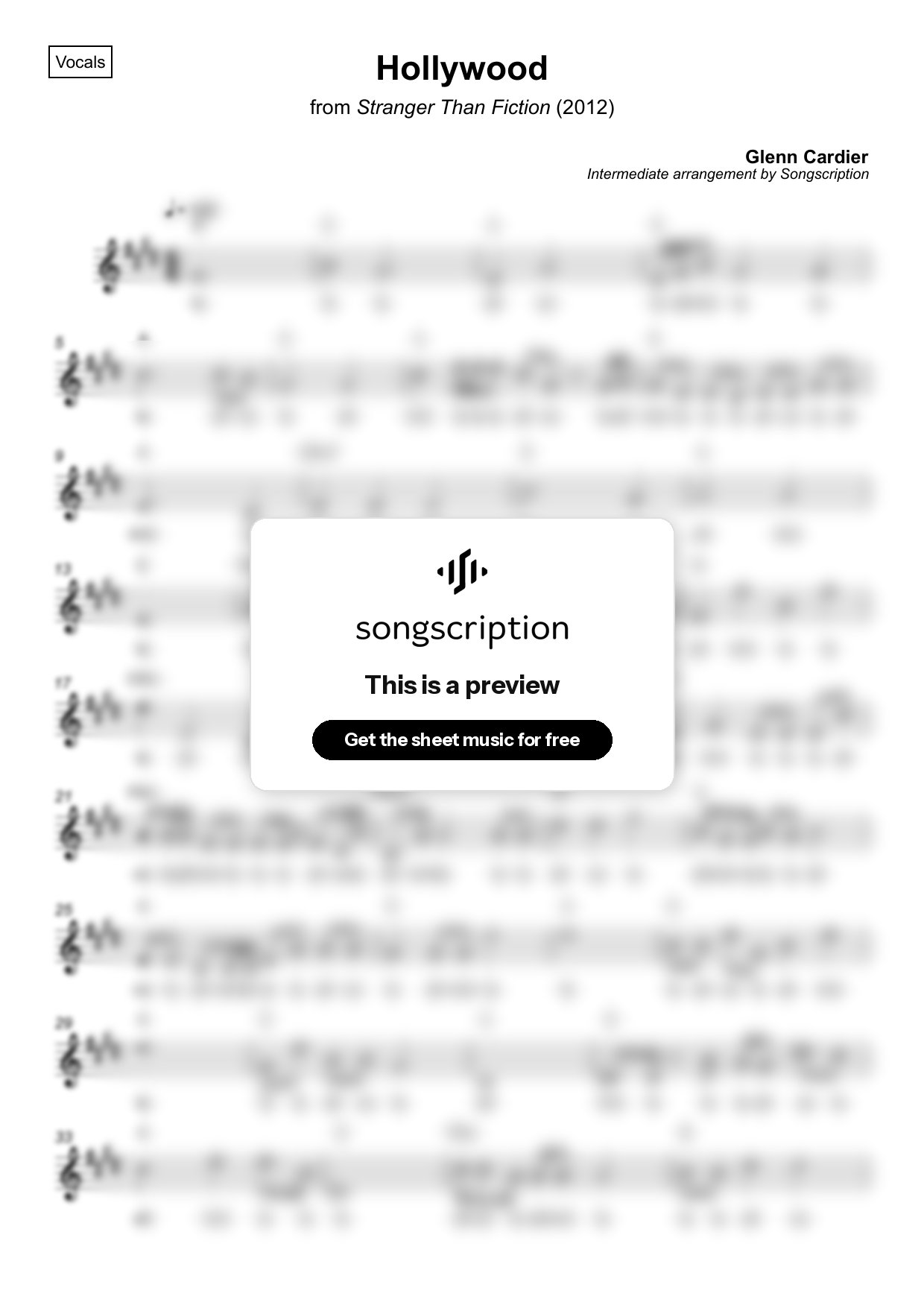 Intermediate Vocals Sheet Music for "Hollywood" by Glenn Cardier