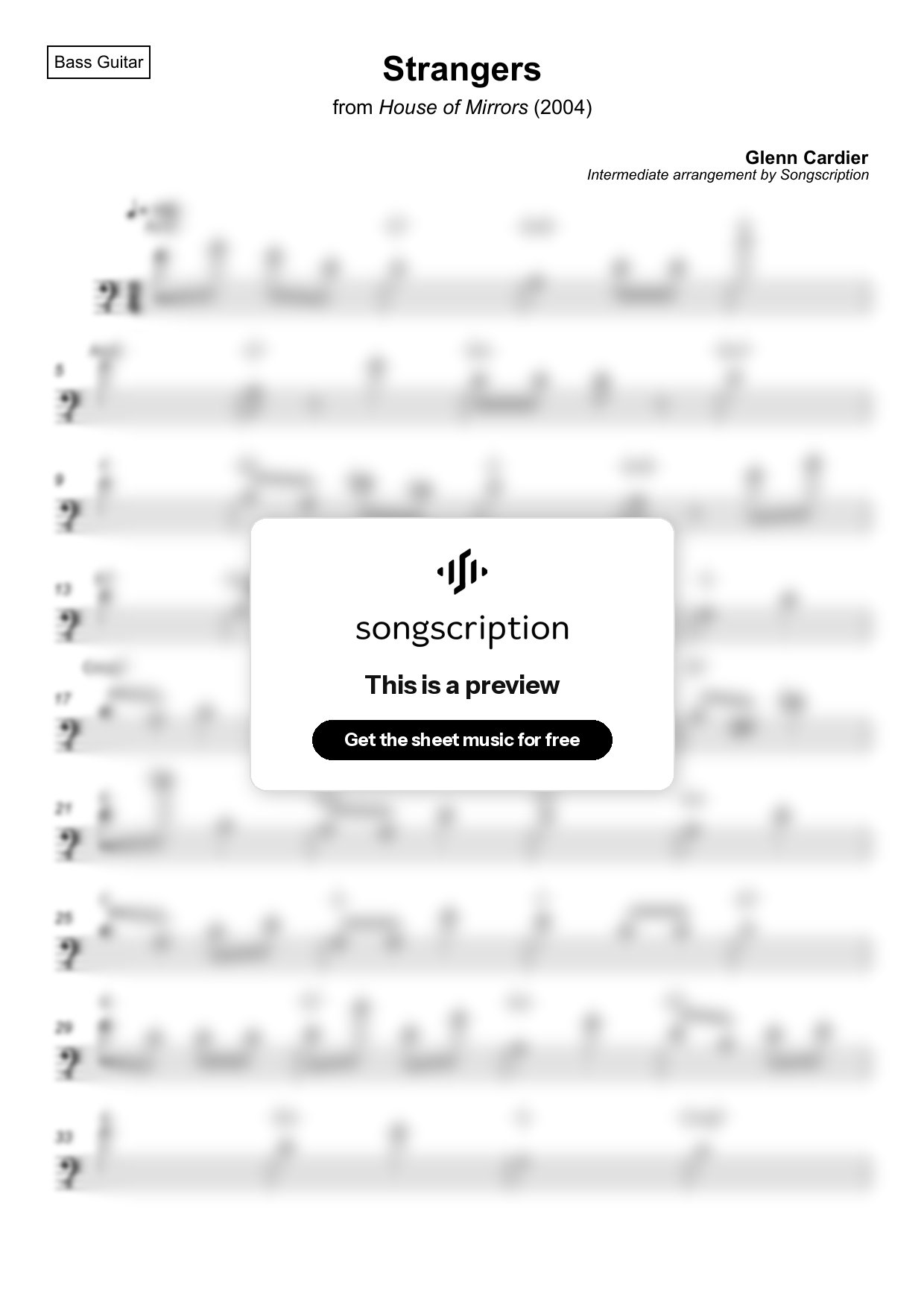 Intermediate Bass Guitar Sheet Music for "Strangers" by Glenn Cardier