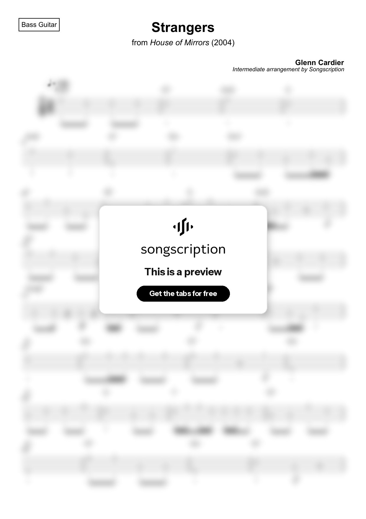 Intermediate Bass Guitar Tabs for "Strangers" by Glenn Cardier