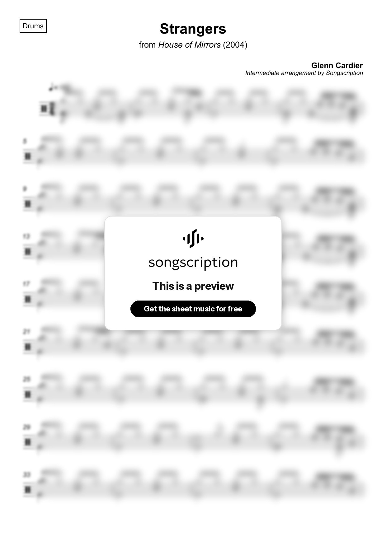 Intermediate Drums Sheet Music for "Strangers" by Glenn Cardier