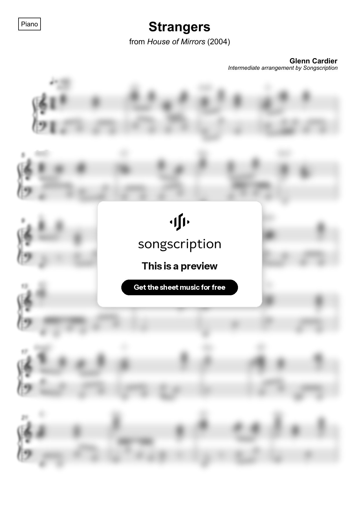 Intermediate Piano Sheet Music for "Strangers" by Glenn Cardier