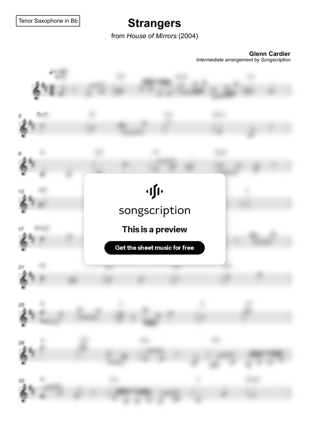 Intermediate Tenor Sax Sheet Music for "Strangers" by Glenn Cardier