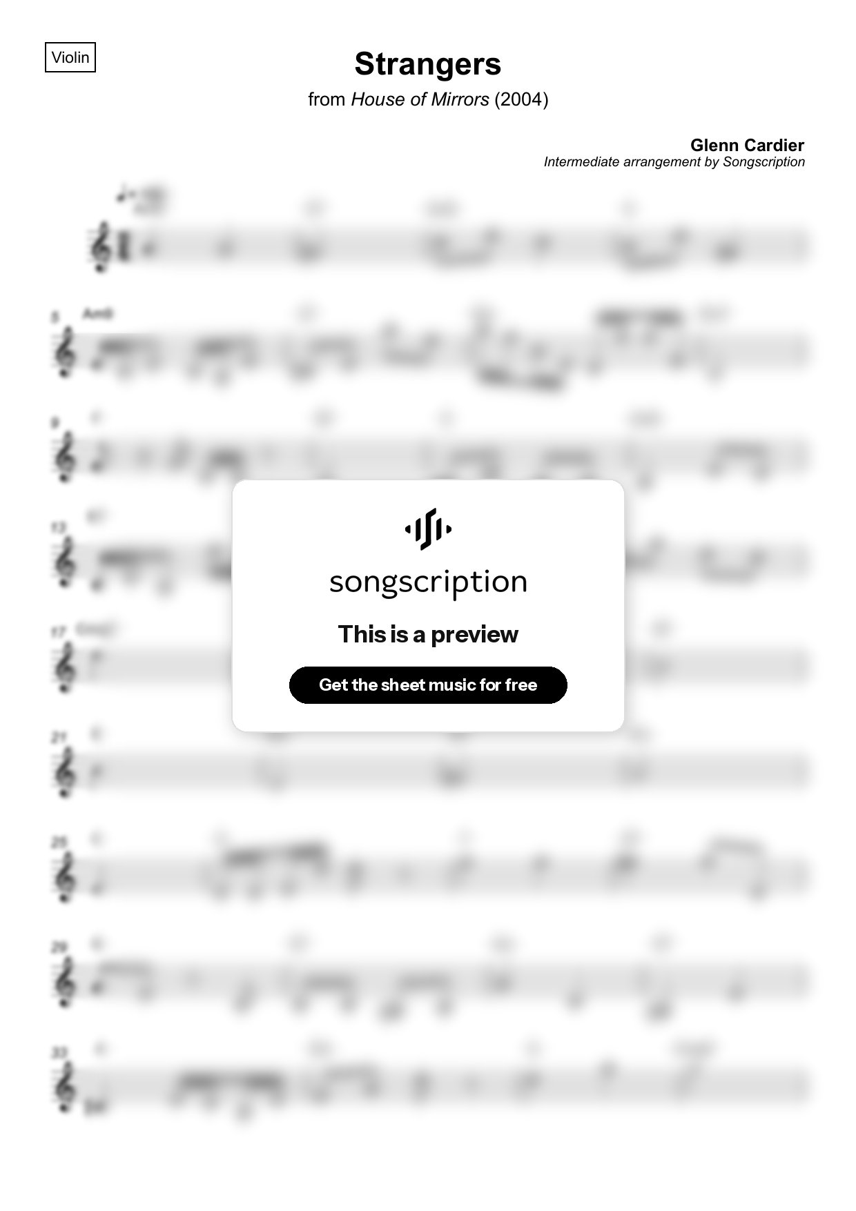 Intermediate Violin Sheet Music for "Strangers" by Glenn Cardier