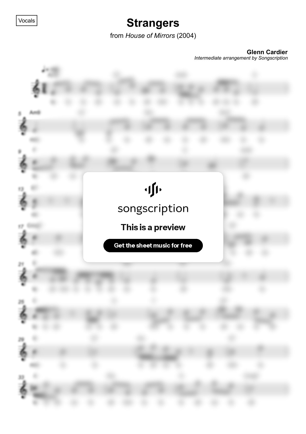 Intermediate Vocals Sheet Music for "Strangers" by Glenn Cardier