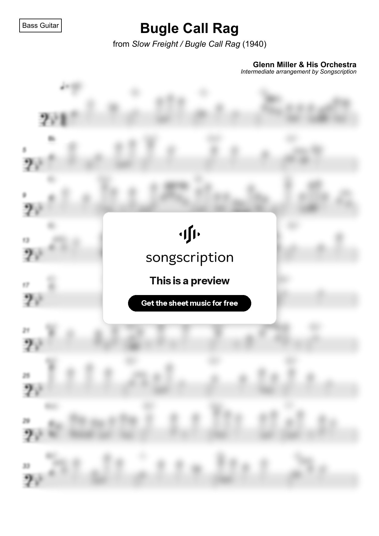 Intermediate Bass Guitar Sheet Music for "Bugle Call Rag" by Glenn Miller & His Orchestra