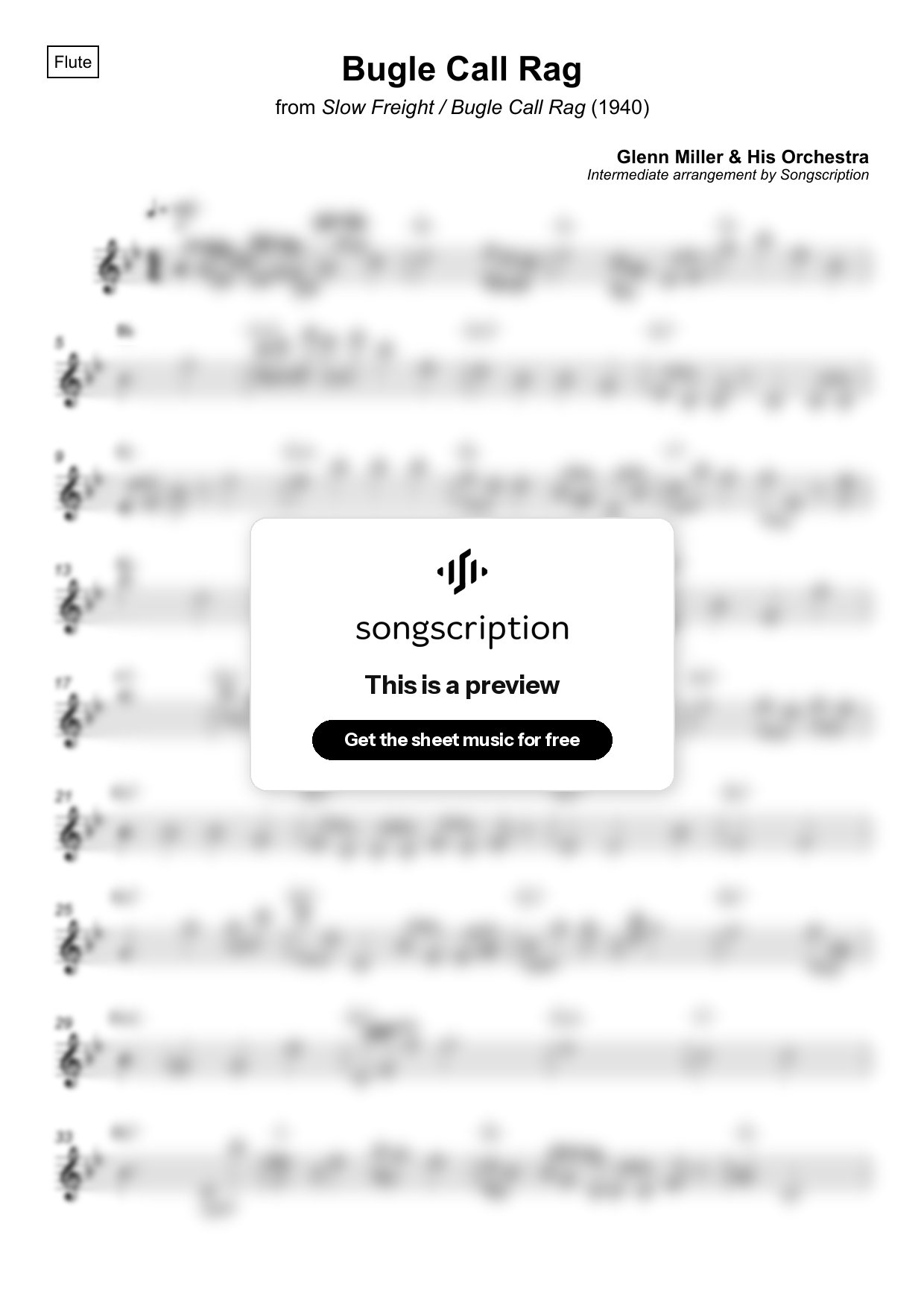 Intermediate Flute Sheet Music for "Bugle Call Rag" by Glenn Miller & His Orchestra