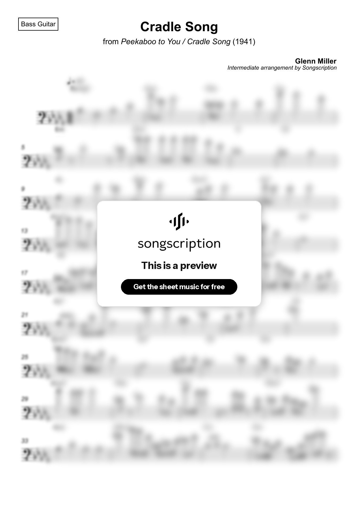 Intermediate Bass Guitar Sheet Music for "Cradle Song" by Glenn Miller