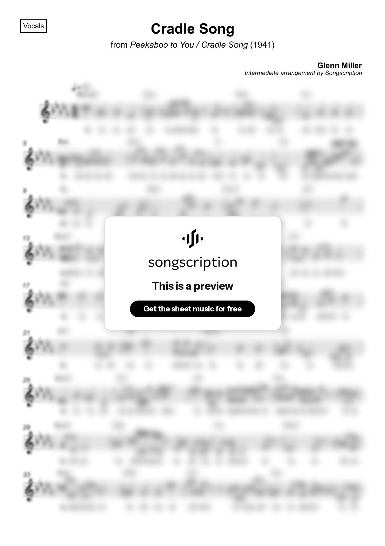 Intermediate Vocals Sheet Music for "Cradle Song" by Glenn Miller