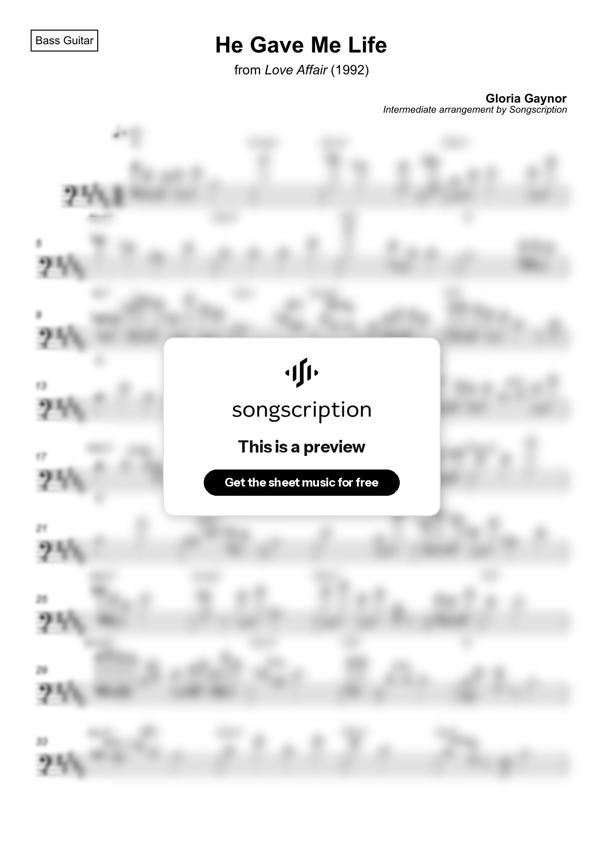 Intermediate Bass Guitar Sheet Music for "He Gave Me Life" by Gloria Gaynor