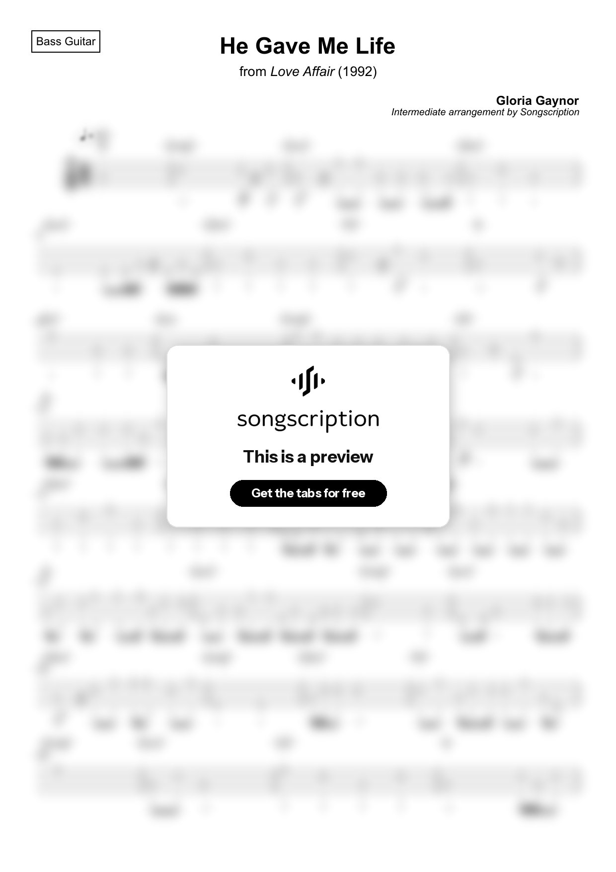 Intermediate Bass Guitar Tabs for "He Gave Me Life" by Gloria Gaynor