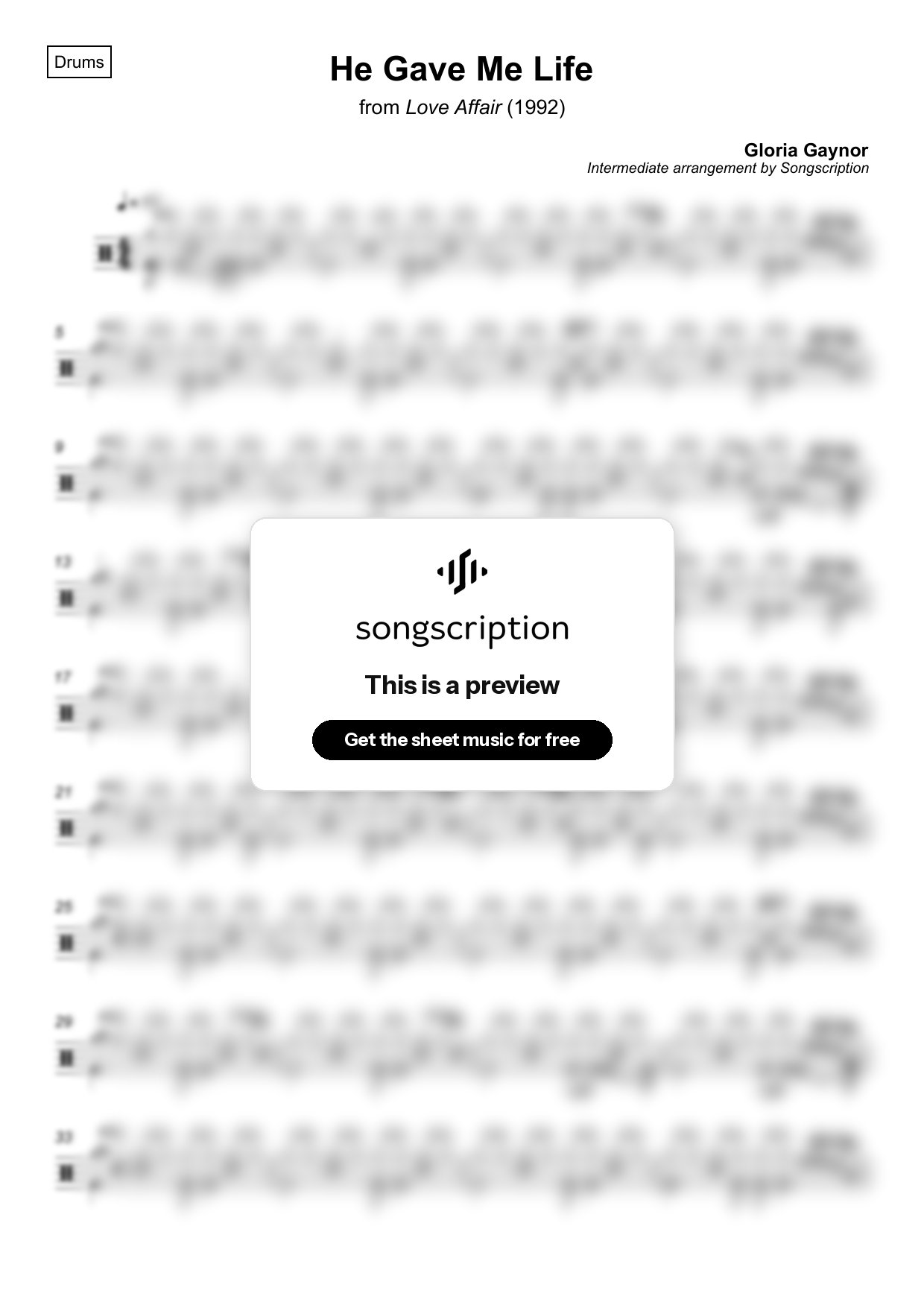 Intermediate Drums Sheet Music for "He Gave Me Life" by Gloria Gaynor