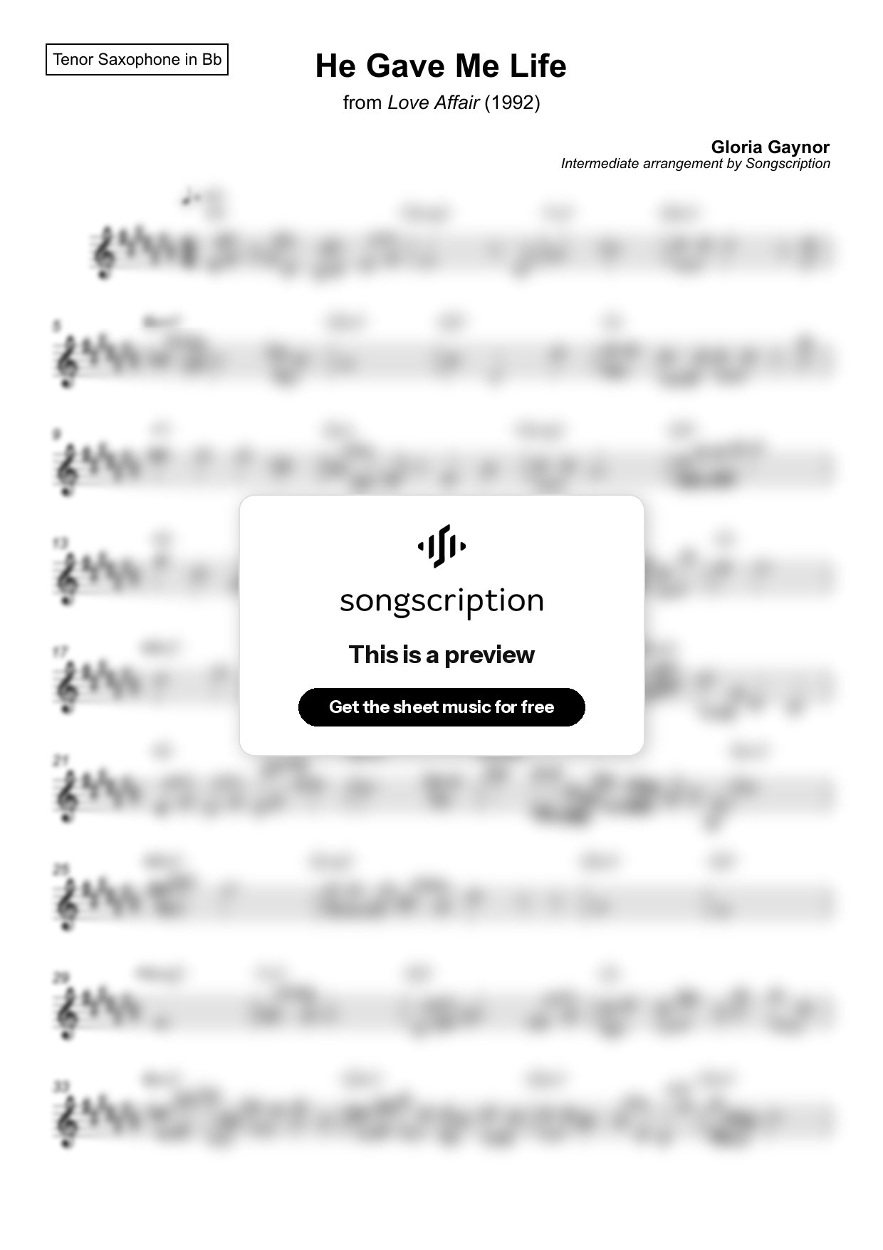 Intermediate Tenor Sax Sheet Music for "He Gave Me Life" by Gloria Gaynor