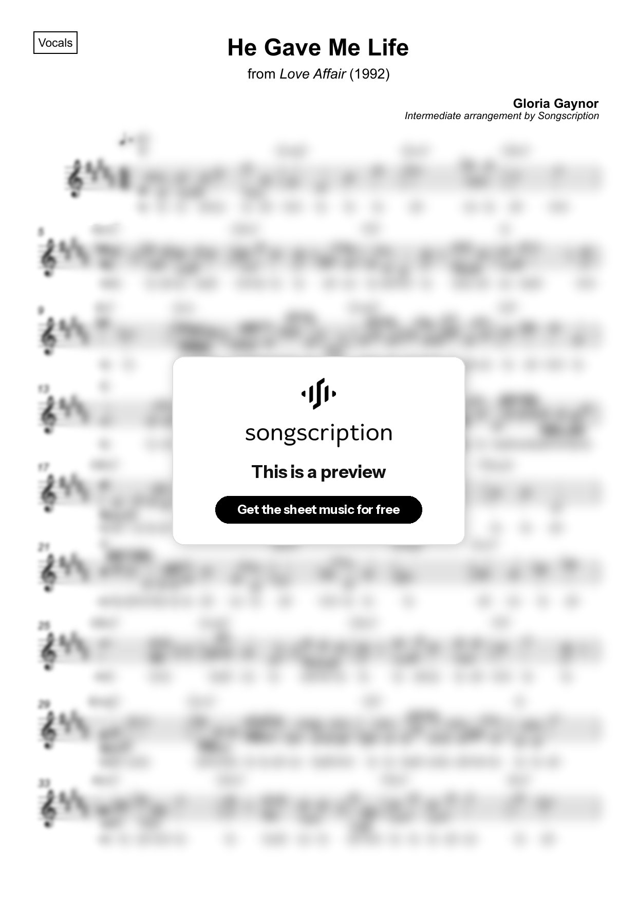 Intermediate Vocals Sheet Music for "He Gave Me Life" by Gloria Gaynor