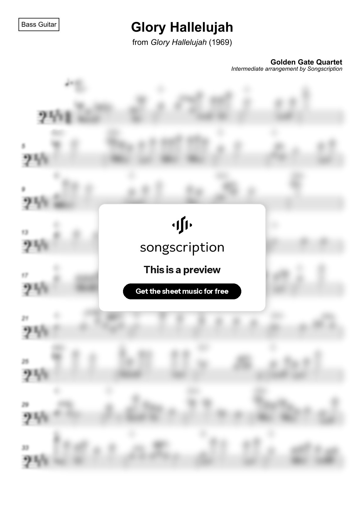 Intermediate Bass Guitar Sheet Music for "Glory Hallelujah" by Golden Gate Quartet