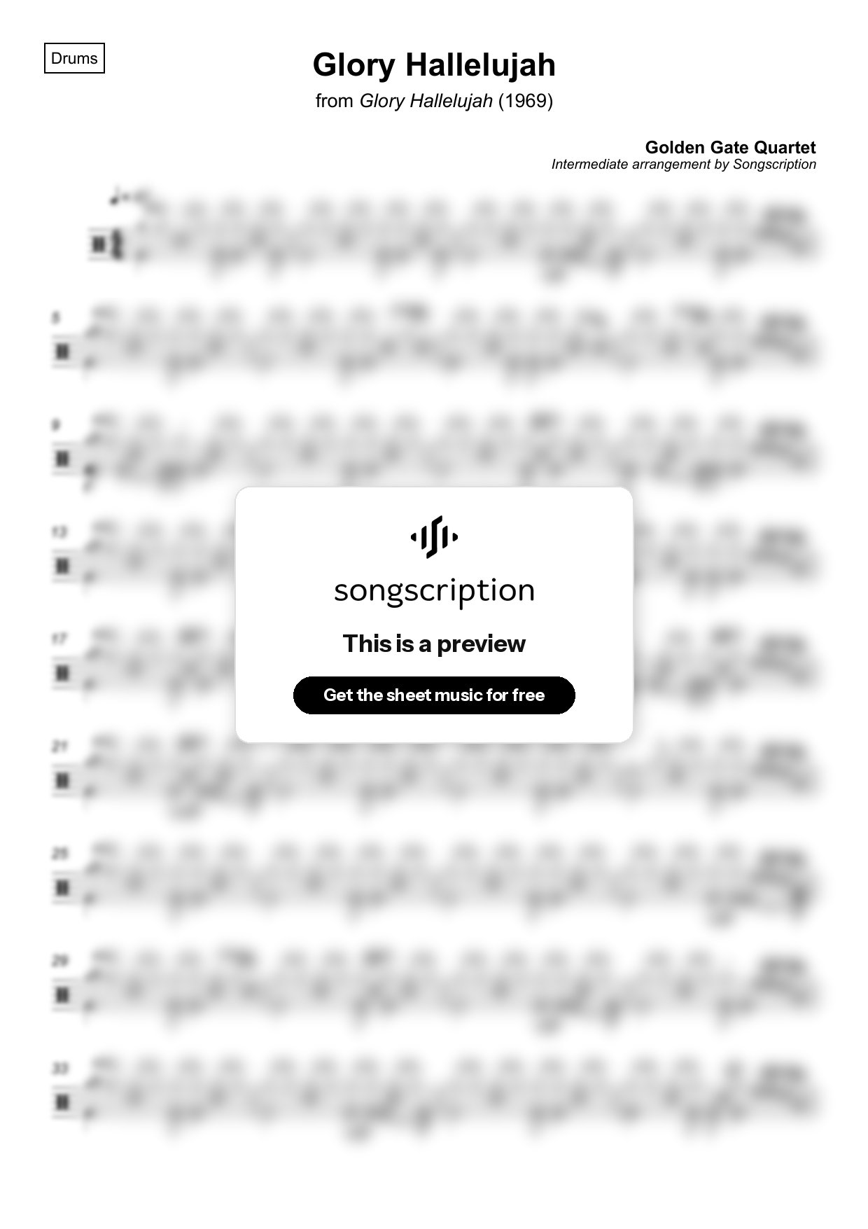 Intermediate Drums Sheet Music for "Glory Hallelujah" by Golden Gate Quartet