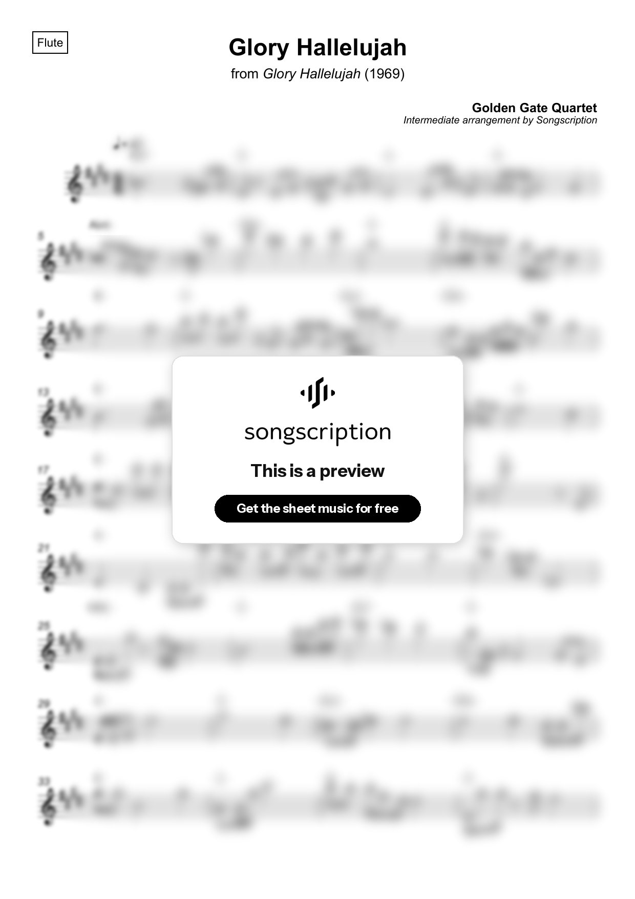 Intermediate Flute Sheet Music for "Glory Hallelujah" by Golden Gate Quartet