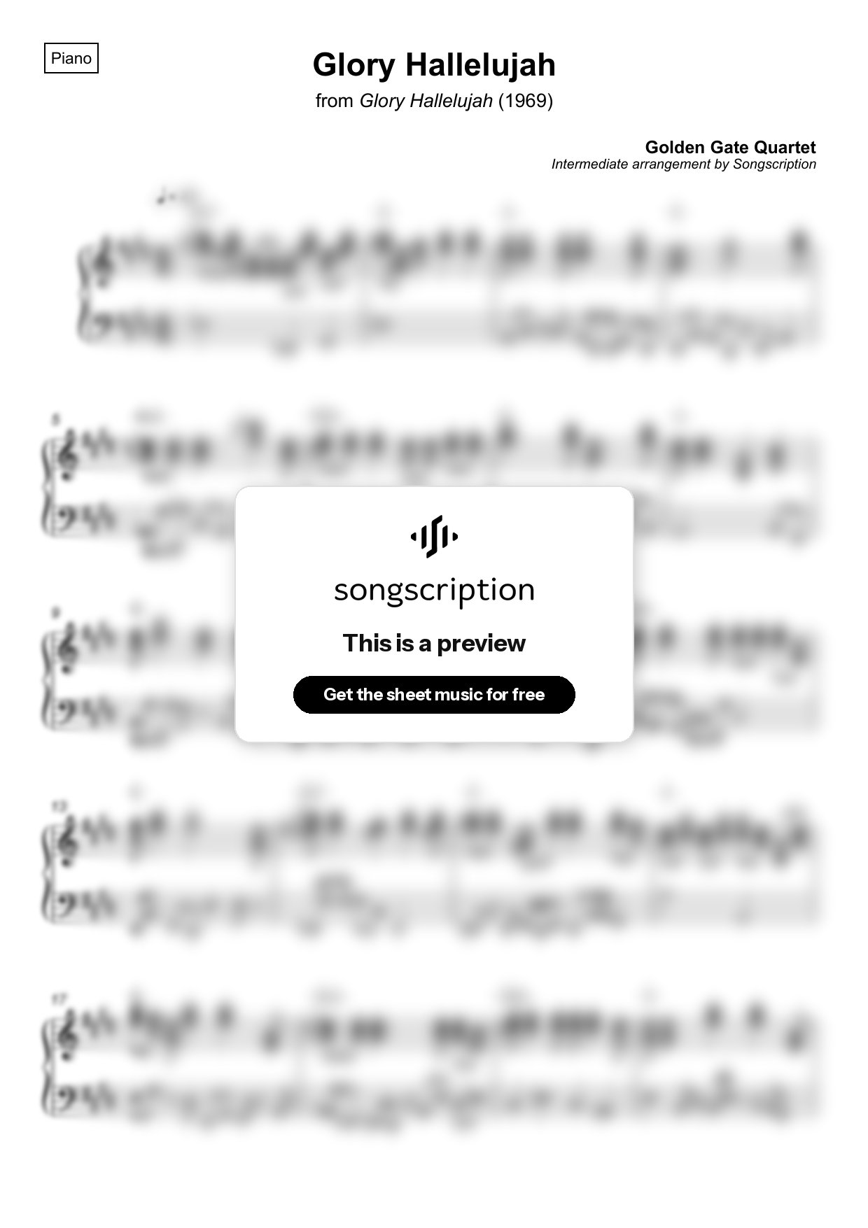 Intermediate Piano Sheet Music for "Glory Hallelujah" by Golden Gate Quartet