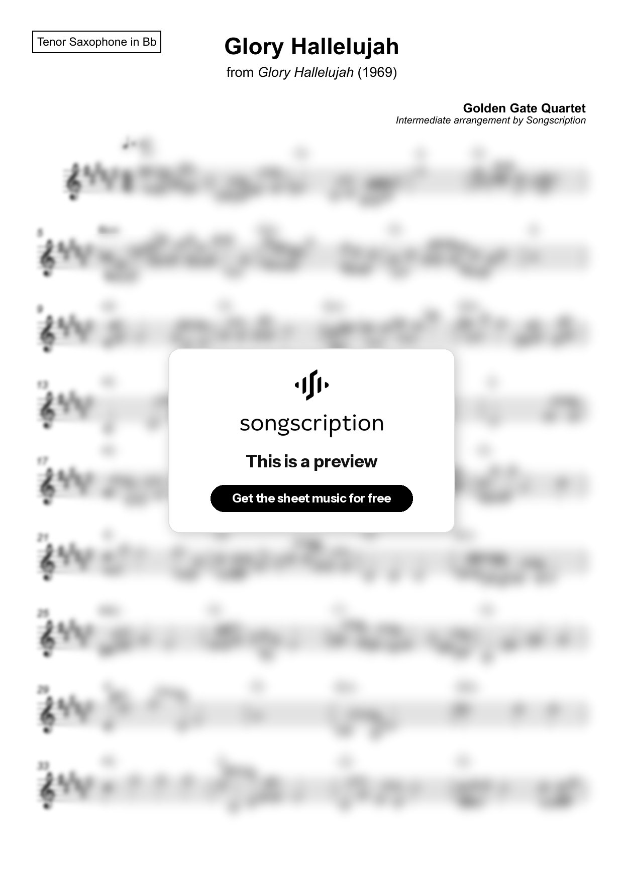 Intermediate Tenor Sax Sheet Music for "Glory Hallelujah" by Golden Gate Quartet
