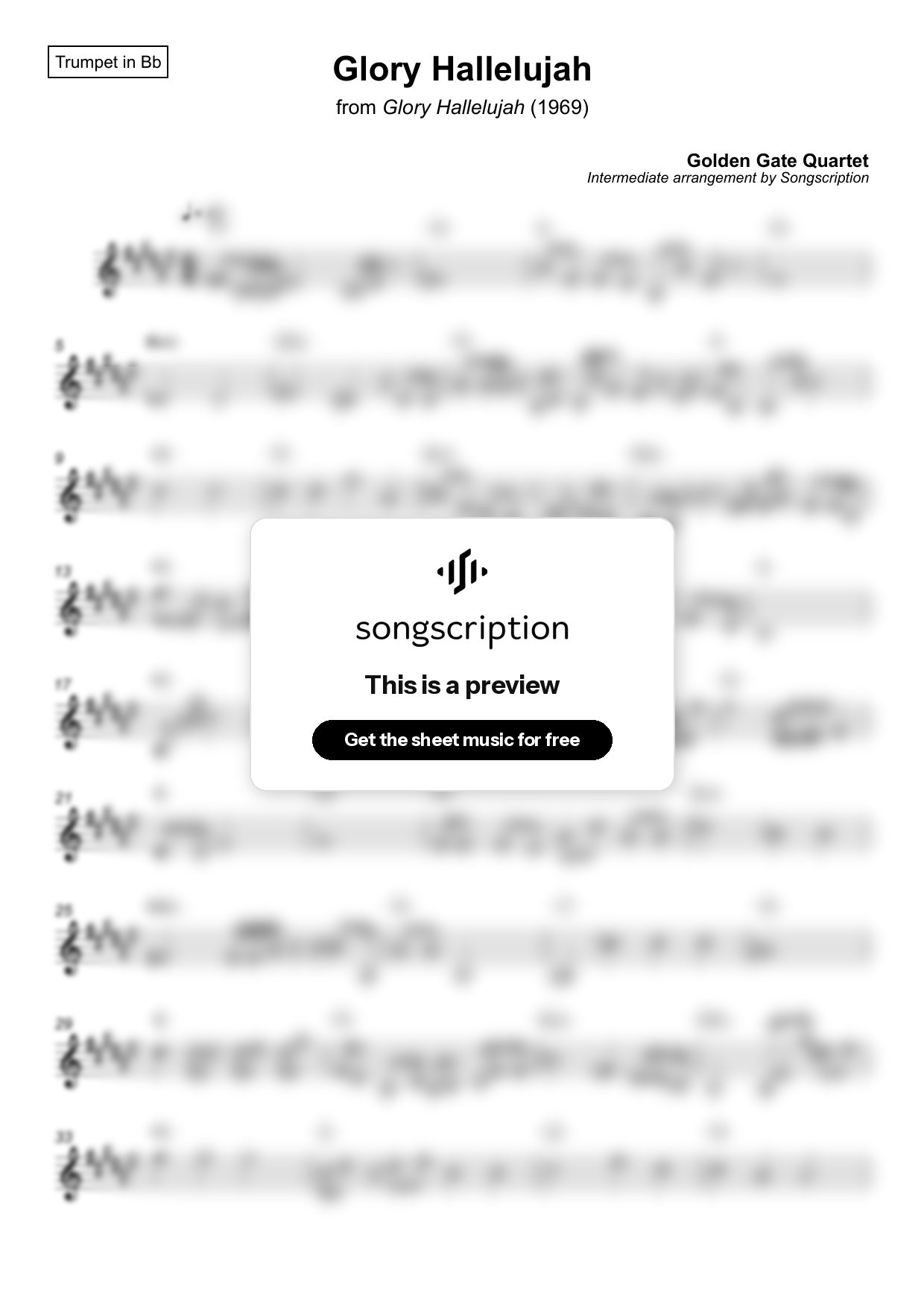 Intermediate Trumpet Sheet Music for "Glory Hallelujah" by Golden Gate Quartet