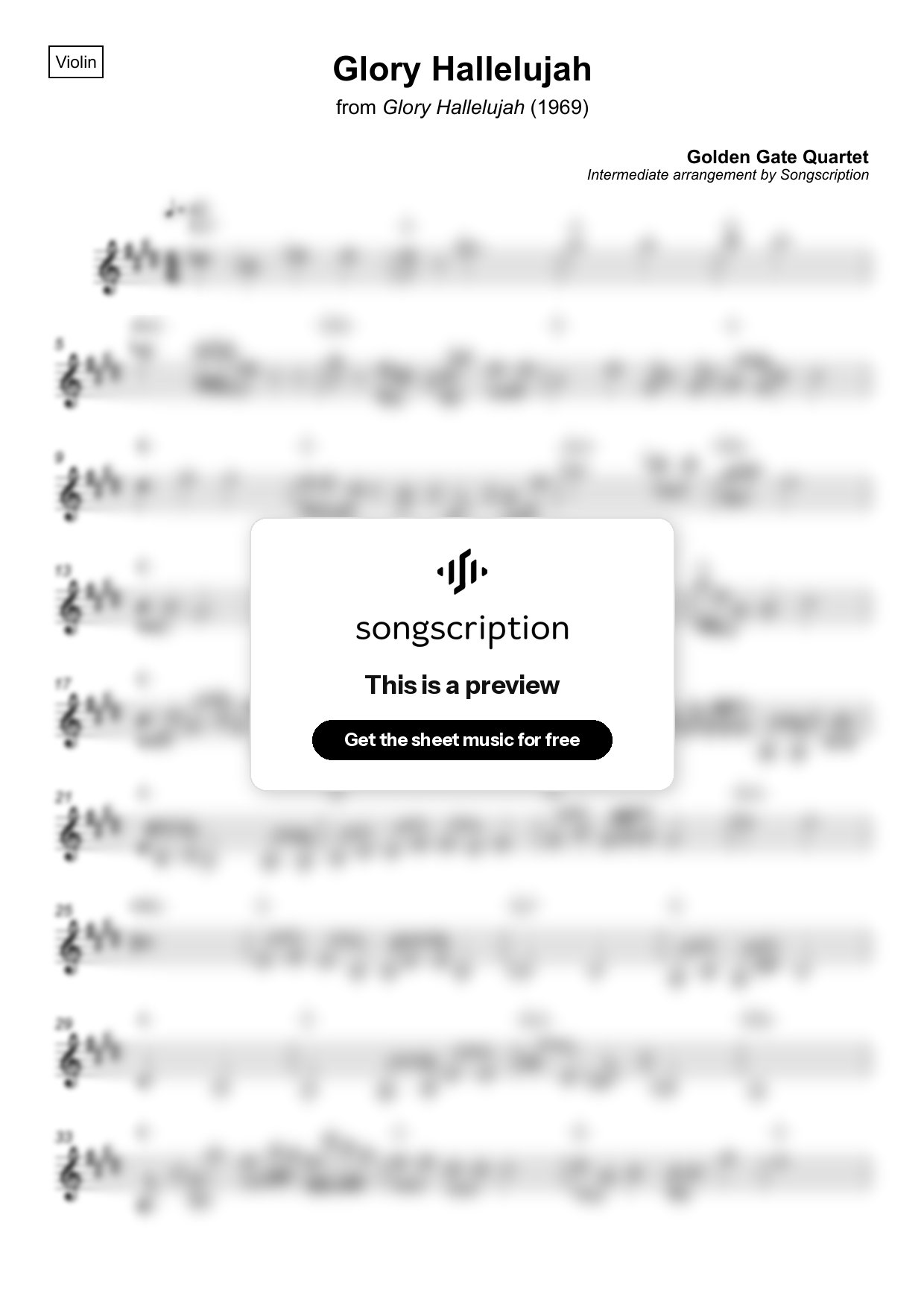 Intermediate Violin Sheet Music for "Glory Hallelujah" by Golden Gate Quartet