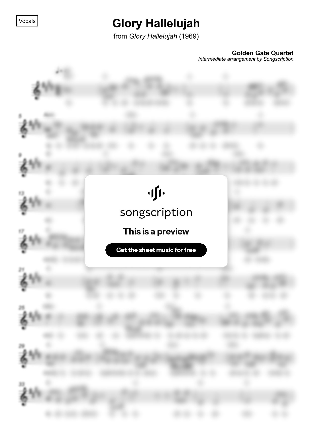 Intermediate Vocals Sheet Music for "Glory Hallelujah" by Golden Gate Quartet