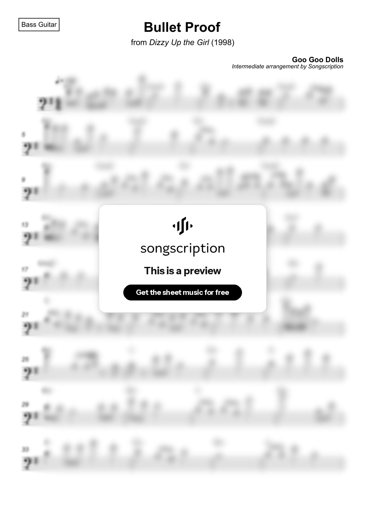 Intermediate Bass Guitar Sheet Music for "Bullet Proof" by Goo Goo Dolls