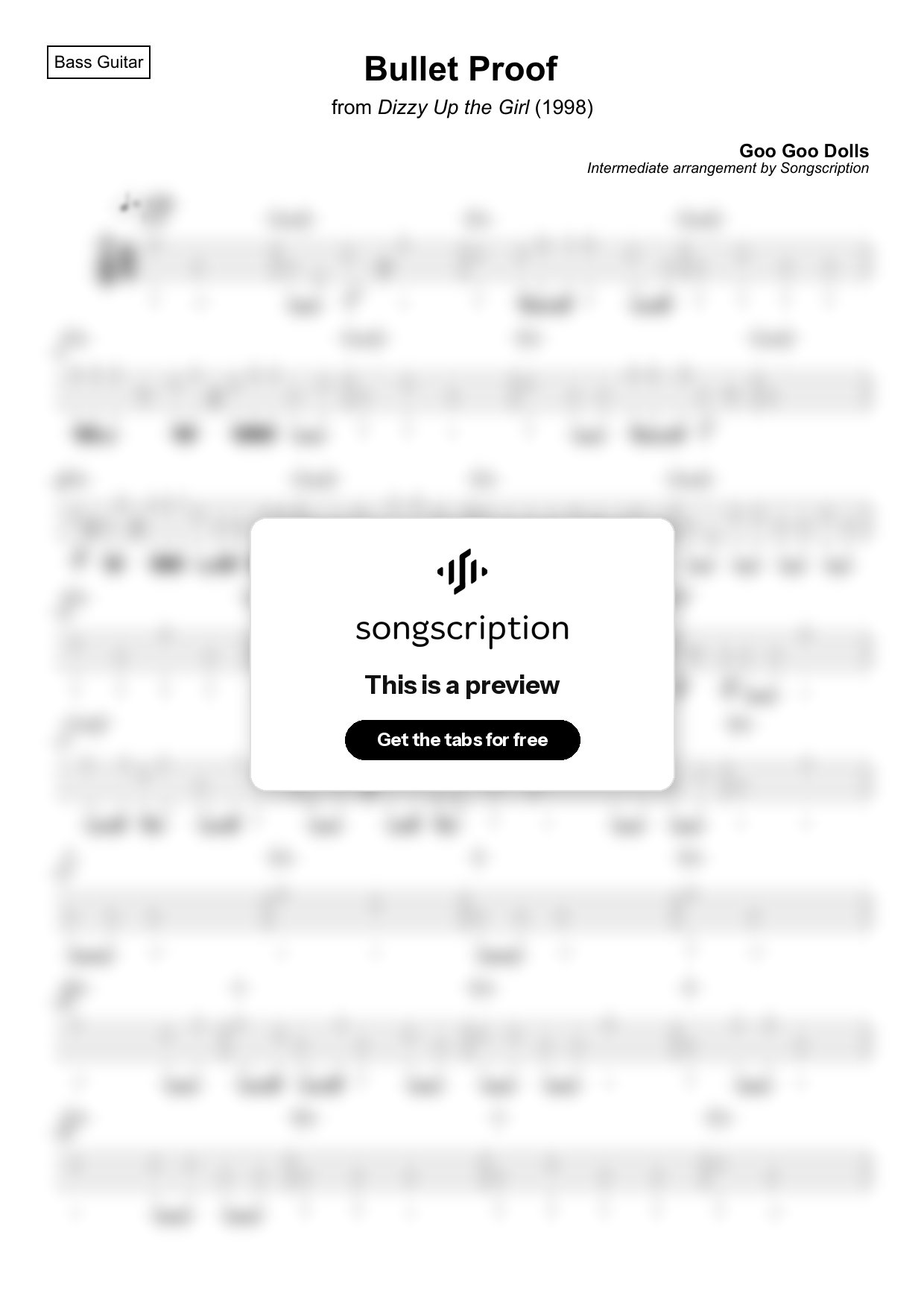 Intermediate Bass Guitar Tabs for "Bullet Proof" by Goo Goo Dolls