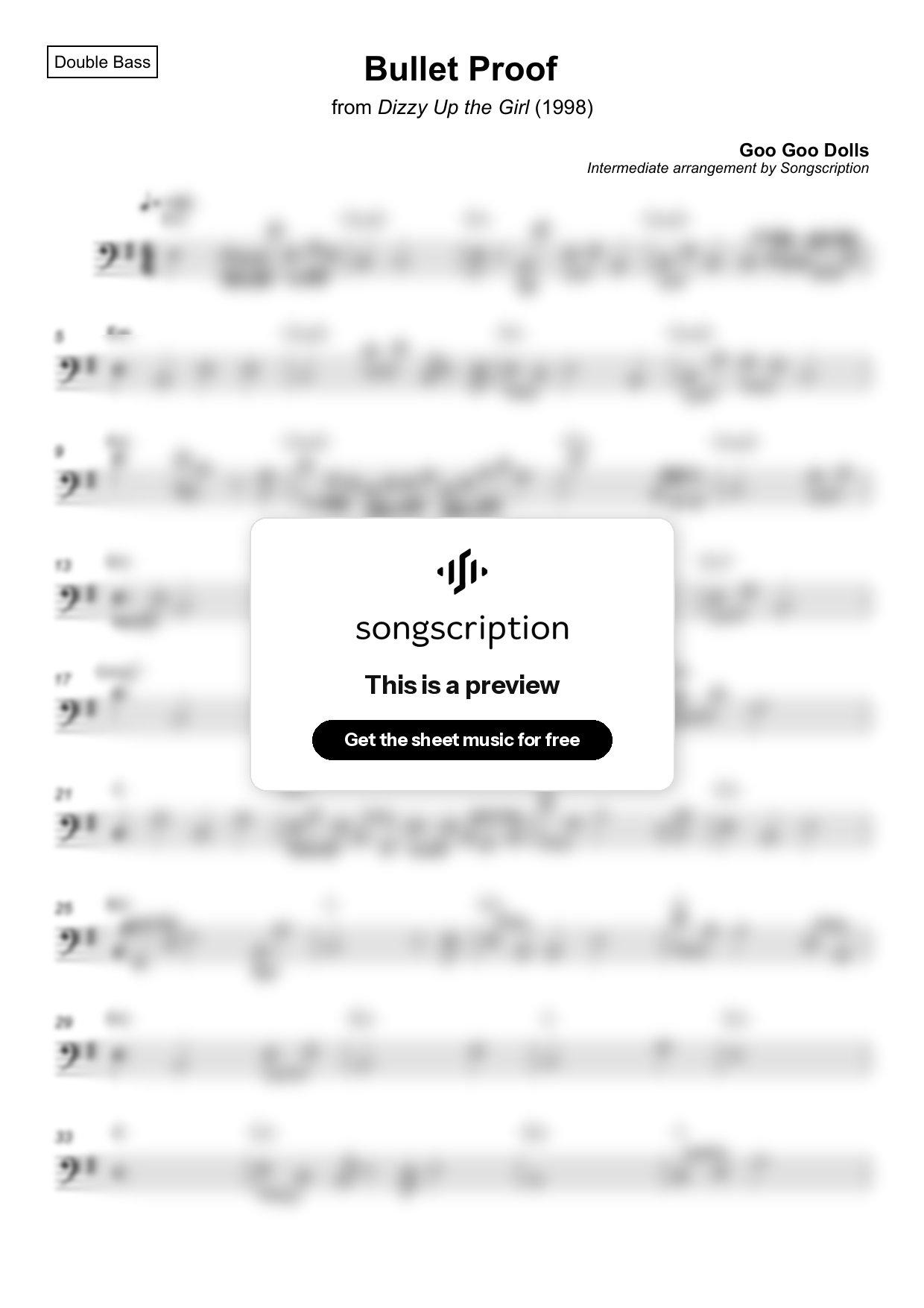 Intermediate Double Bass Sheet Music for "Bullet Proof" by Goo Goo Dolls