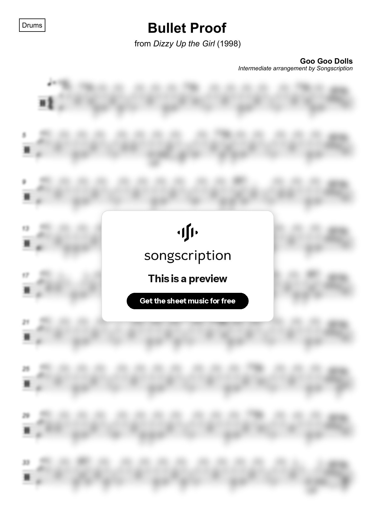 Intermediate Drums Sheet Music for "Bullet Proof" by Goo Goo Dolls