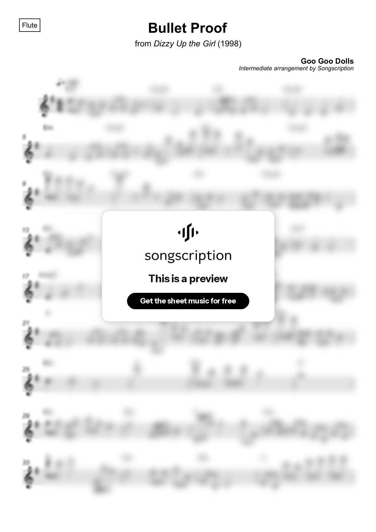 Intermediate Flute Sheet Music for "Bullet Proof" by Goo Goo Dolls