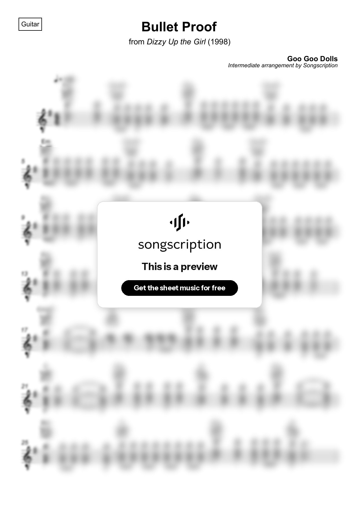 Intermediate Acoustic Guitar Sheet Music for "Bullet Proof" by Goo Goo Dolls