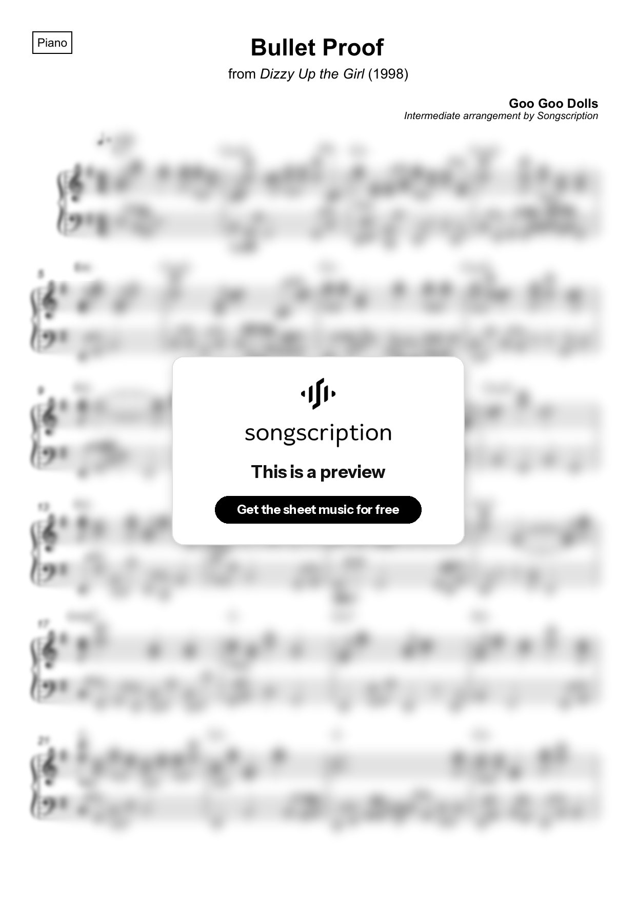 Intermediate Piano Sheet Music for "Bullet Proof" by Goo Goo Dolls