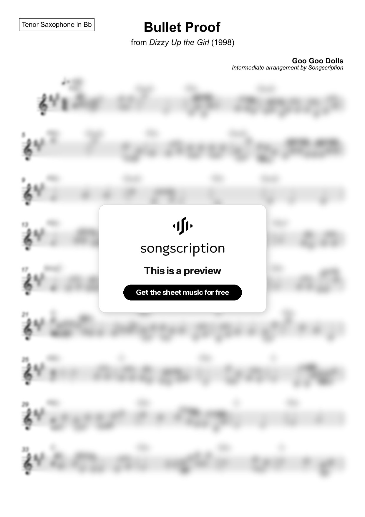 Intermediate Tenor Sax Sheet Music for "Bullet Proof" by Goo Goo Dolls