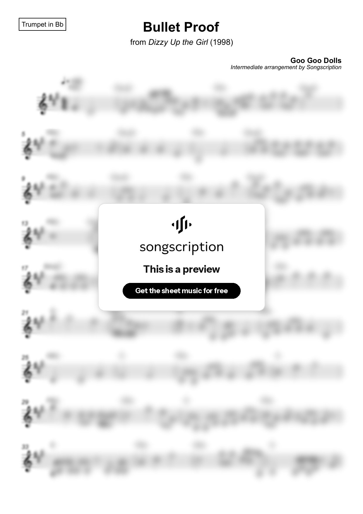 Intermediate Trumpet Sheet Music for "Bullet Proof" by Goo Goo Dolls