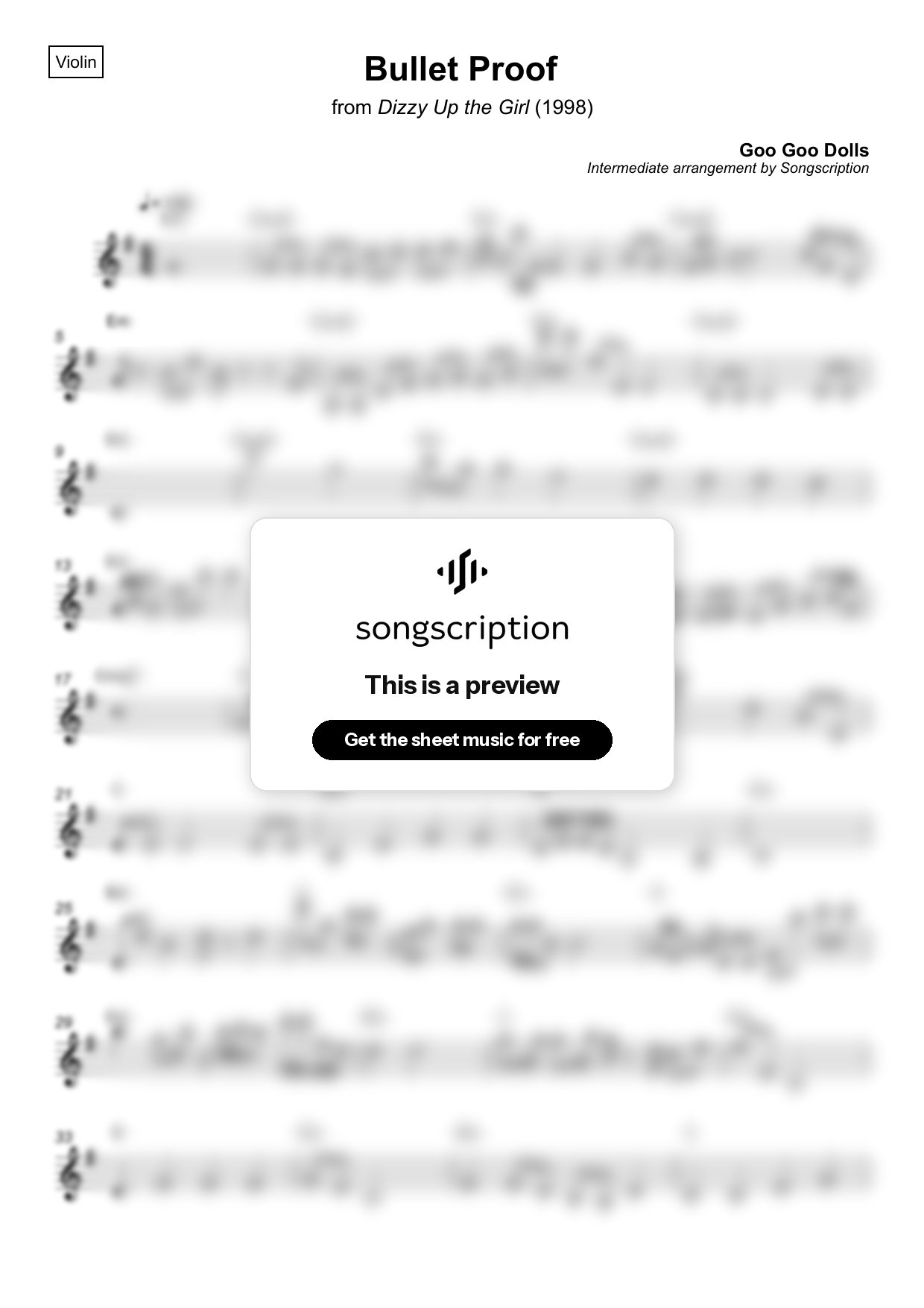 Intermediate Violin Sheet Music for "Bullet Proof" by Goo Goo Dolls