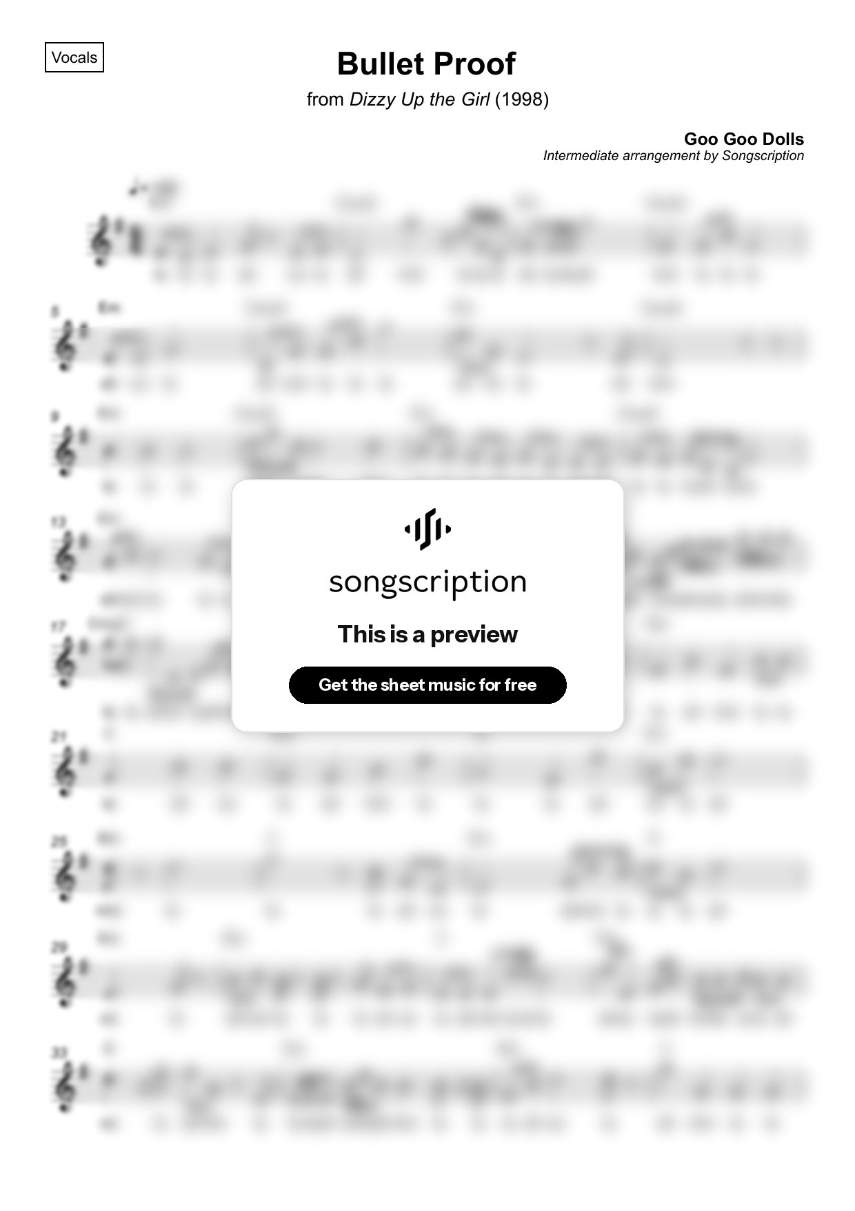 Intermediate Vocals Sheet Music for "Bullet Proof" by Goo Goo Dolls
